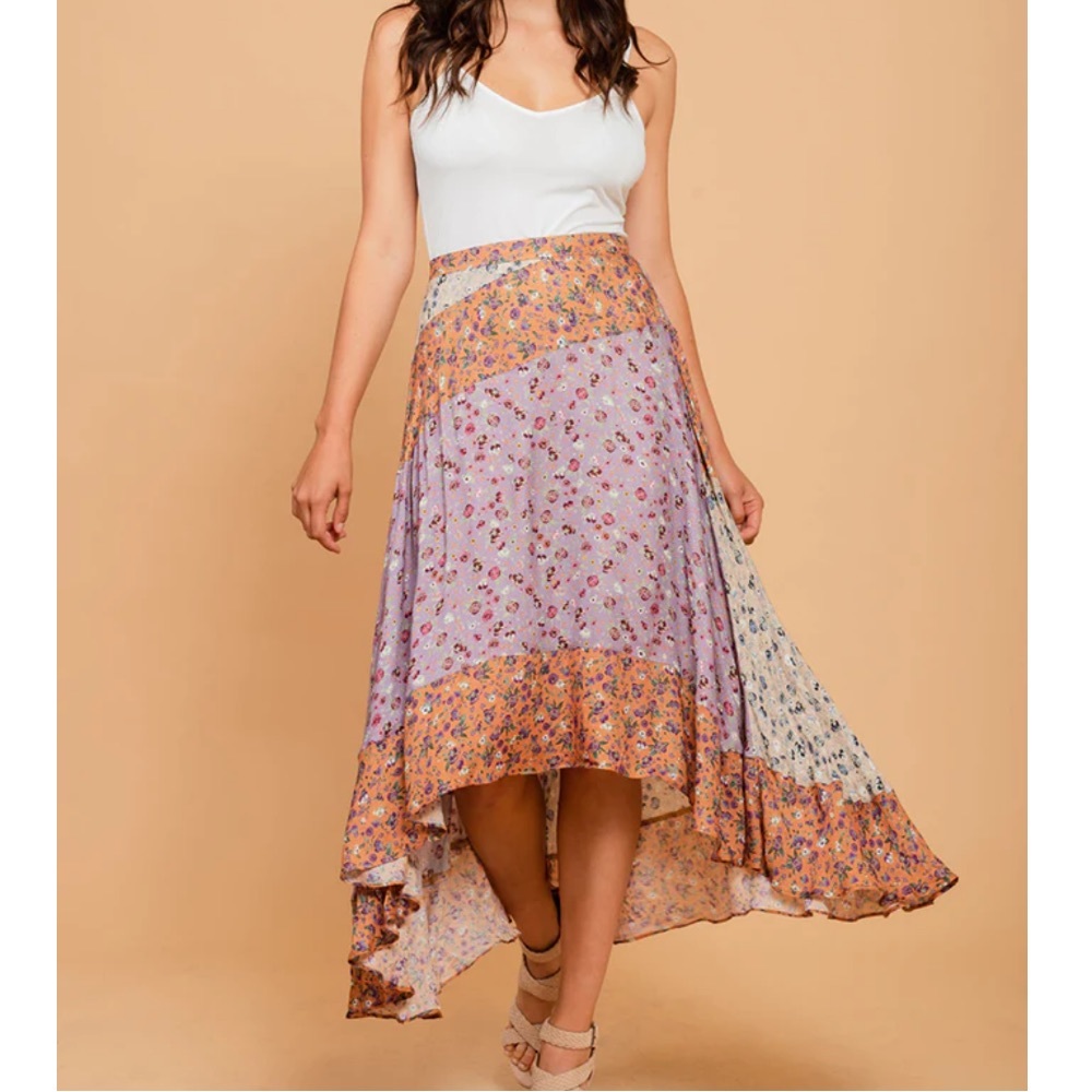 Zara Lavender and Peach Floral Asymmetrical Midi Skirt